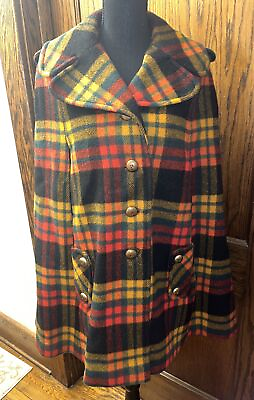 #ad Vtg Plaid Wool Cape By Cathy Dee Early 1970s Red Black amp; Gold Sz Small Medium $65.00