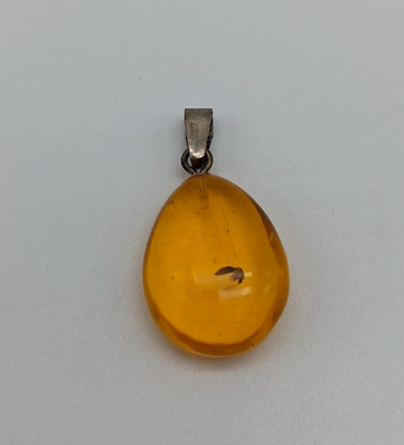 #ad 925 Silver Orange Baltic Amber Teardrop Shaped Necklace Pendant Tiny Bug $19.99
