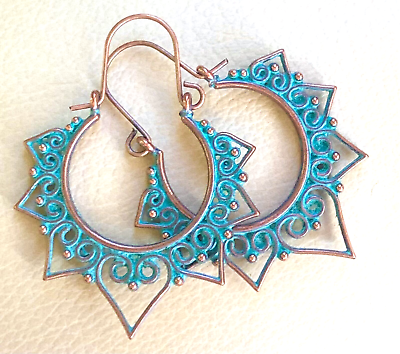 #ad Ornate Ethnic Copper #x27;Patinaquot; Verdigris Heart Scrolls Geometric Hoop Earrings $2.00