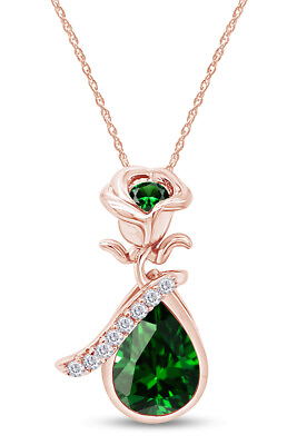 #ad Simulated Diamond Emerald Rose Teardrop Pendant Necklace in 14K Rose Gold Plated $156.59