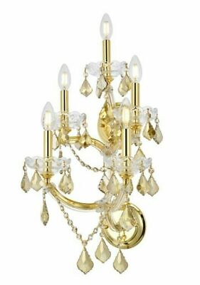 #ad Foyer Dining Room Gold Frame with Golden Teak crystal 5 Light Vanity Wall Sconce $434.00