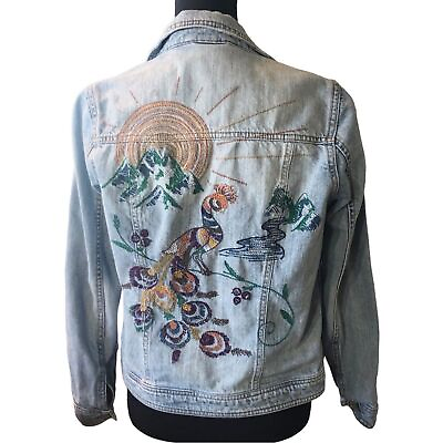 #ad Aeropostale Light Wash Embroidered Peacock Denim Jacket Womens Sz S $28.99