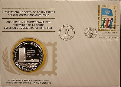 #ad Sterling Round Honoring 30th Anniversary of the U.N. w Commemorative Stamp $41.95