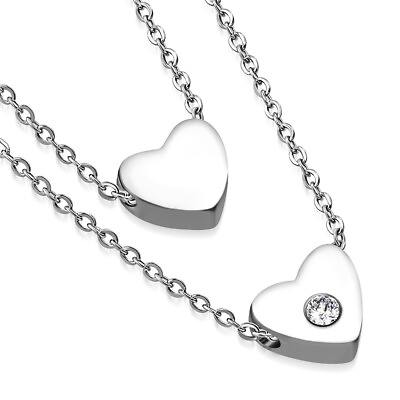 #ad Stainless Steel Silver Tone Double Chain White CZ Love Heart Necklace 18quot; $19.99