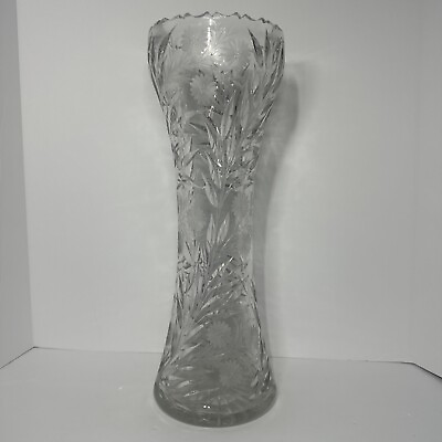 #ad Vintage Large Heavy Crystal Floral Glass Cut And Edged Vase Beautiful RARE $89.99