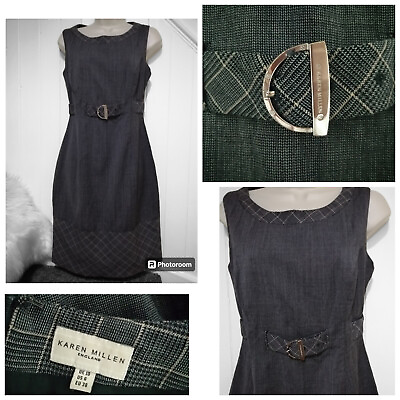 #ad Vintage Karen Millen England Dress UK 10 Grey with Contrast Check amp; Belt Wool GBP 27.99