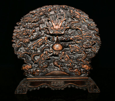 #ad 12quot; Antique Chinese Boxwood Wood Carved Dynasty Nine Dragon Bead Folding Screen GBP 299.00