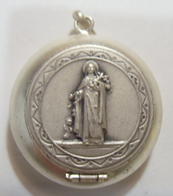 #ad Antique Catholic Saint Therese Rosary holder metal box locket pendant FC1265 $99.99
