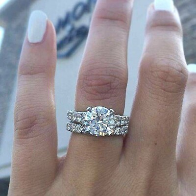 #ad 8MM White Round Cut Moissanite Engagement Solid 14k White Gold Ring Set $237.27