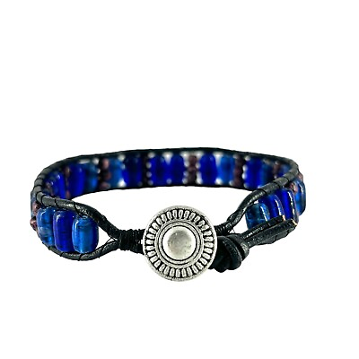 #ad Vintage Handmade Art Glass Bead Leather Wrap Bracelet Blue Purple 8quot; $10.91