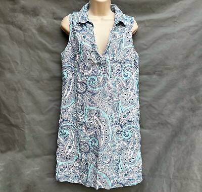 #ad Cynthia Rowley 100% Linen Blue White Paisley Coastal Sleeveless Dress Size 14 $40.00