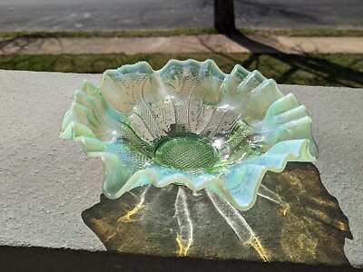 #ad Antique Glass Green Opalescent Fleur de LIS Pattern $32.99