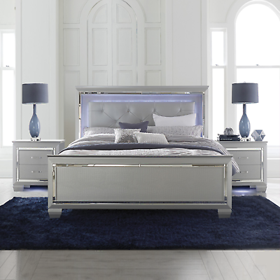 #ad NEW Luxe LED Silver Gray Queen King Bed amp; Optional Nightstand Modern Bedroom Set $1149.99