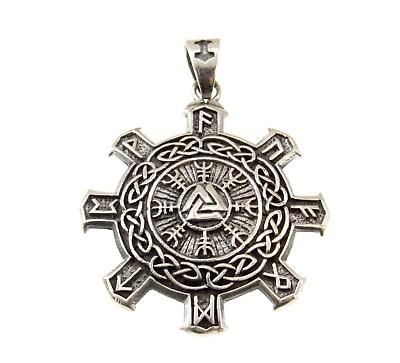 #ad Solid 925 Sterling Silver Helm of Awe Viking Pendant With Valknut and Runes $39.38