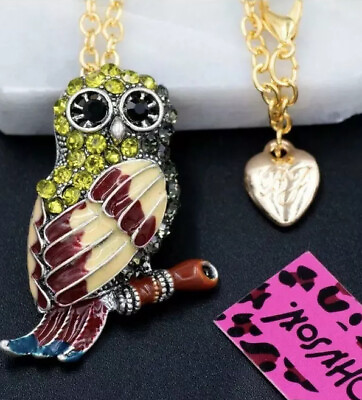 #ad Betsey Johnson Colorful Enamel Crystal Bird Owl Pendant Necklace Brooch NWT $15.99