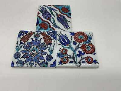 #ad iznik tiles set of three handmade Beautifully Colored 4 X 4 Wall Tiles $66.50