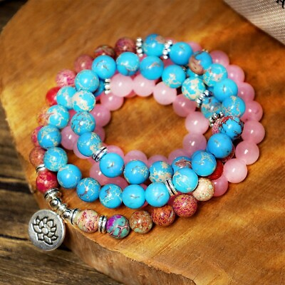 #ad 108 Mala Beads Necklace Natural Rose Quartz Jasper Stone Wrap Bracelet Handmade $15.90