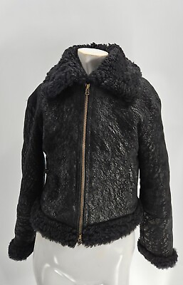 #ad Hide Society Womens Black Spanish Lamb Shearling Shaggy Aviation Jacket 4 $379.99