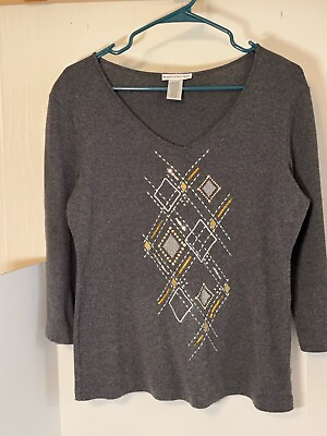 #ad Rebecca Malone sweater top women small Gray with geometric decor 3 4 sleeves $7.00