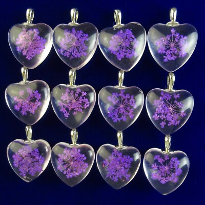#ad 12Pcs 18x10mm Purple Delicate Crystal Glass Dried Flower Heart Pendant T02047 $19.08
