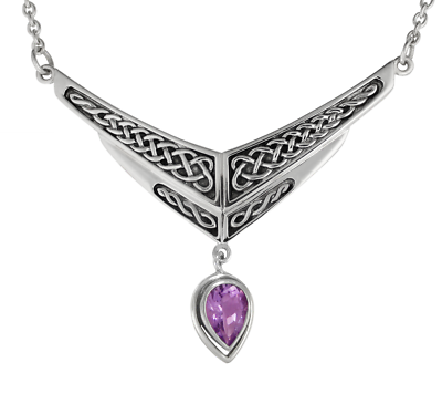 #ad Celtic Knot Amethyst Drop Sterling Silver Collar Necklace Irish Knotwork Jewelry $89.99