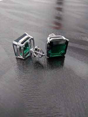 #ad Lab Created 25.78ct Asscher Green Emerald 15mm Screw Back Silver Stud Earrings $130.00