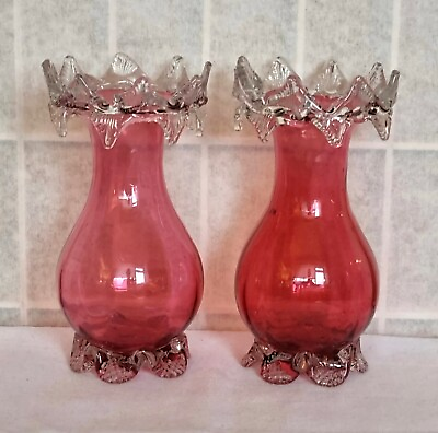 #ad Antique Victorian Cranberry Glass Vase Pair English Frilled Footed $275.00
