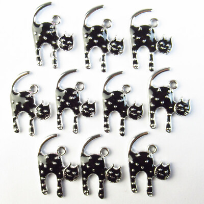 #ad 20Pcs 22x17x2mm Black Tibetan Silver Enamel Cat Pendant Bead 2705PJ $11.86