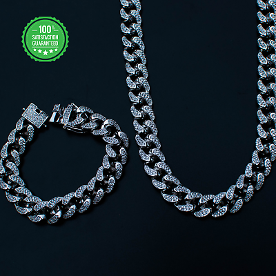 #ad 18k White Gold CZ Simulate Diamond Cuban Link Choker Bracelet Chain Bundle $239.00