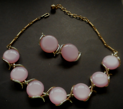 #ad Vtg Goldtone Pink Moonglow Discs 16quot; Choker Necklace amp; 1quot; Clip Earrings $40.00
