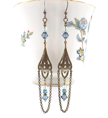 #ad Victorian Brass Chandelier Earrings Blue Crystal Jewelry Ornate Handmade Gift $30.18
