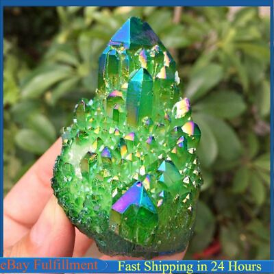 #ad Natural Angel Aura Green Quartz Crystal Titanium Cluster Rough Specimen Healing $8.54