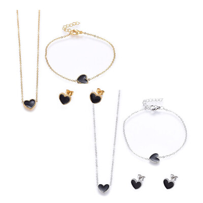 #ad Stainless Steel Set Pendant Necklace Earrings Bracelets Enamel Heart 17quot; P721 $10.99