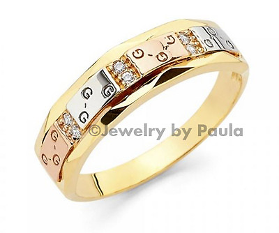 #ad 14k Solid Three Color Gold Band Ring with Lab Created Diamonds $263.87