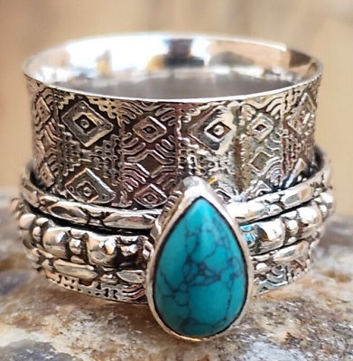 #ad Natural Turquoise 925 Sterling Silver Handmade Cut Spinner Ring For Her V148 $12.73