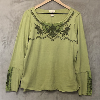 #ad Sundance Catalog Embroidered Embellished Knit Top Sz Large Green Long Sleeves $30.00