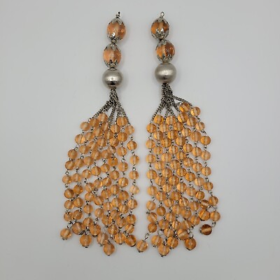 #ad Pair Of Heavy Beaded Glass Peach Tassels 8quot; Silvertone Accents Vintage $14.00