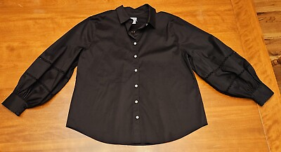 #ad Chicos Classic Black Button Down Blouse w White Buttons amp; Puffy Sleeves Size 3 $14.99