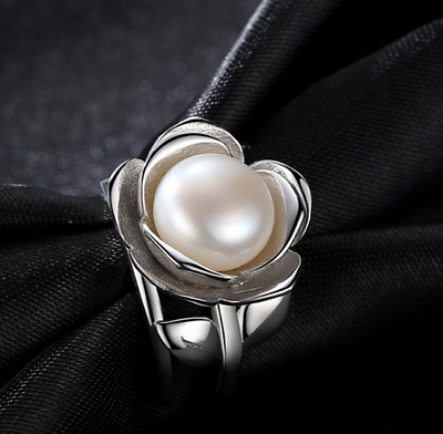 #ad Pretty Round Shape Pearl 935 Argentium Silver Rose Flower Design Promise Ring $275.00