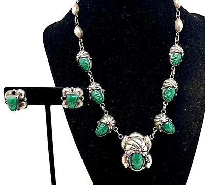 #ad Early Taxco Mexico Sterling Silver amp; Green Onyx Necklace Earrings Set $272.25