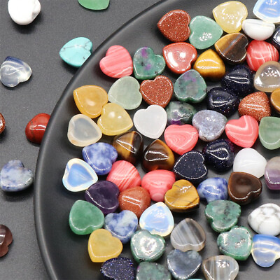 #ad 10mm Natural Mixed Gemstone Heart Cabochon CAB Flatback Reiki Chakra Beads DIY $1.39