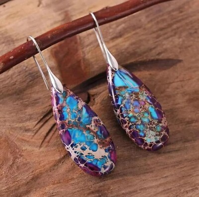 #ad Natural Imperial Jasper Stone Teardrop Dangle Earrings Silver Hook Drop Earrings $11.90
