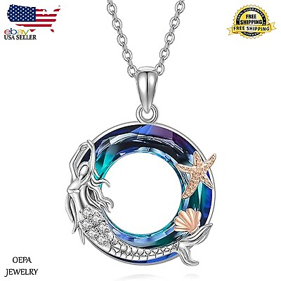 #ad Mermaid Necklace 925 Sterling Silver Mermaid Ocean Crystal for Women Necklace $100.00