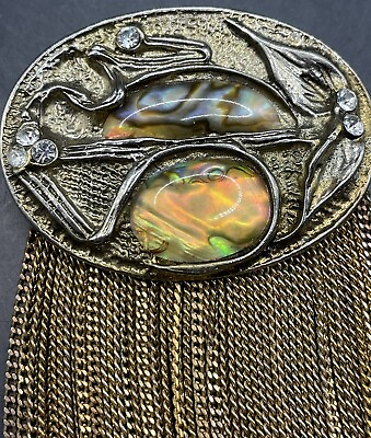 #ad Antique Art Nouveau Abalone Mother of Pearl and Brass Fringe Brooch 1850 1910 $44.03