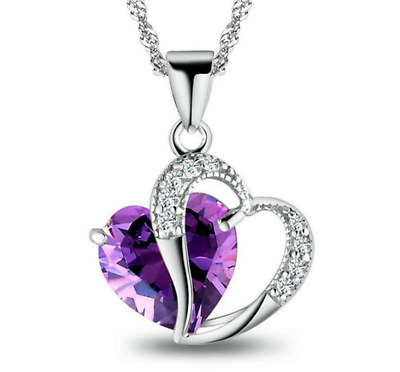 #ad 925 Sterling Silver Snake Chain Amethyst Crystal Heart Purple Pendant $12.99