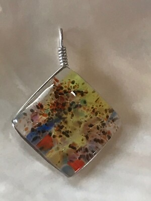 #ad Estate Silvertone Wire Wrapped White with Yellow Blue amp; Orange Fused Art Glass $9.67