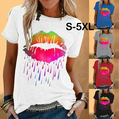 #ad Ladies Women Casual Colorful Lip Print Short Sleeve O Neck T Shirt Blouses Tops $14.99