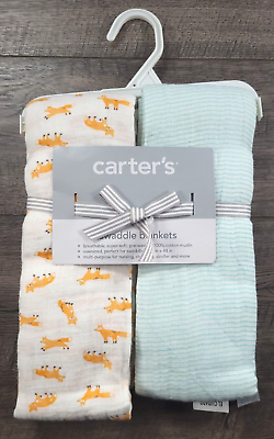 #ad Baby Boy Carter#x27;s Green Orange Fox Muslin 2pc Baby Blanket Set $59.99