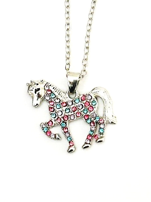 #ad 17quot; Silver Color Necklace Horse Pendant with Multi Color Stones $19.95