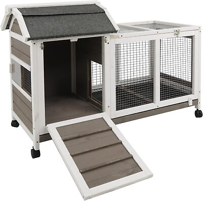 #ad PetsCosset Rabbit Hutch Indoor Outdoor Rabbit Cage with Run Wood Bunny Cage，Grey $119.99